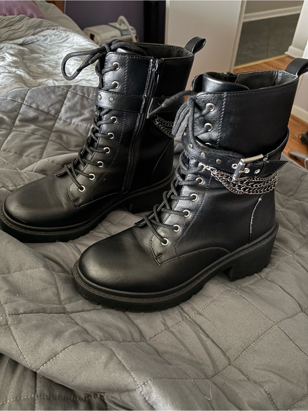 Jellypop Black Lace-Up Combat Boots with Chain Accent